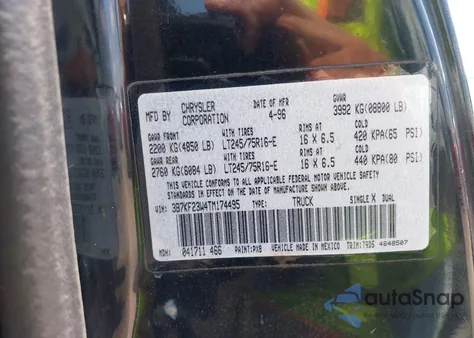 1996 Dodge Ram 2500 из США, поврежденный, VIN 3B7KF23W4TM174495